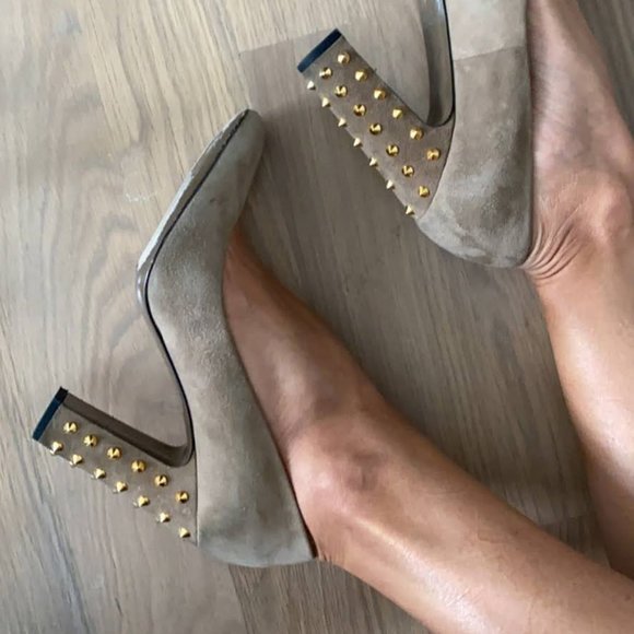 Gucci Tan Tortora Suede Block Heel Pumps Size 37.5 - Picture 1 of 5